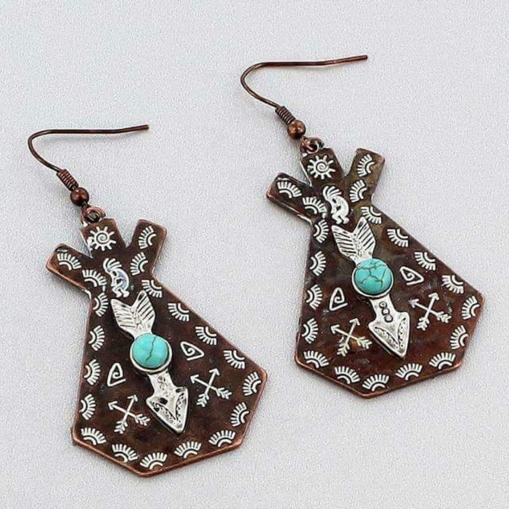 Hammered Bronze and Turquoise Teepee Earrings